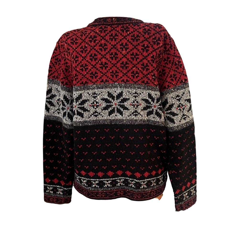 Croft & Barrow Sz L Fair Isle  Cardigan Sweater Red Wool Blend Nordic Apres Ski - Picture 2 of 13